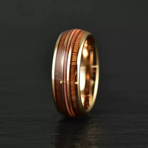 Men 8mm Tungsten Guitar String Whisky Barrel Wood Inlay Engagement Wedding Band
